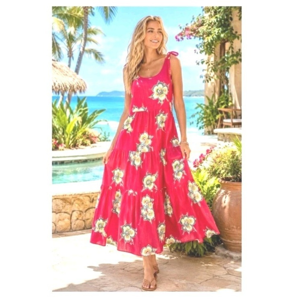 Faherty Pink Floral Tiered Maxi Dress Sz M Organic Cotton Blend Tropical Resort